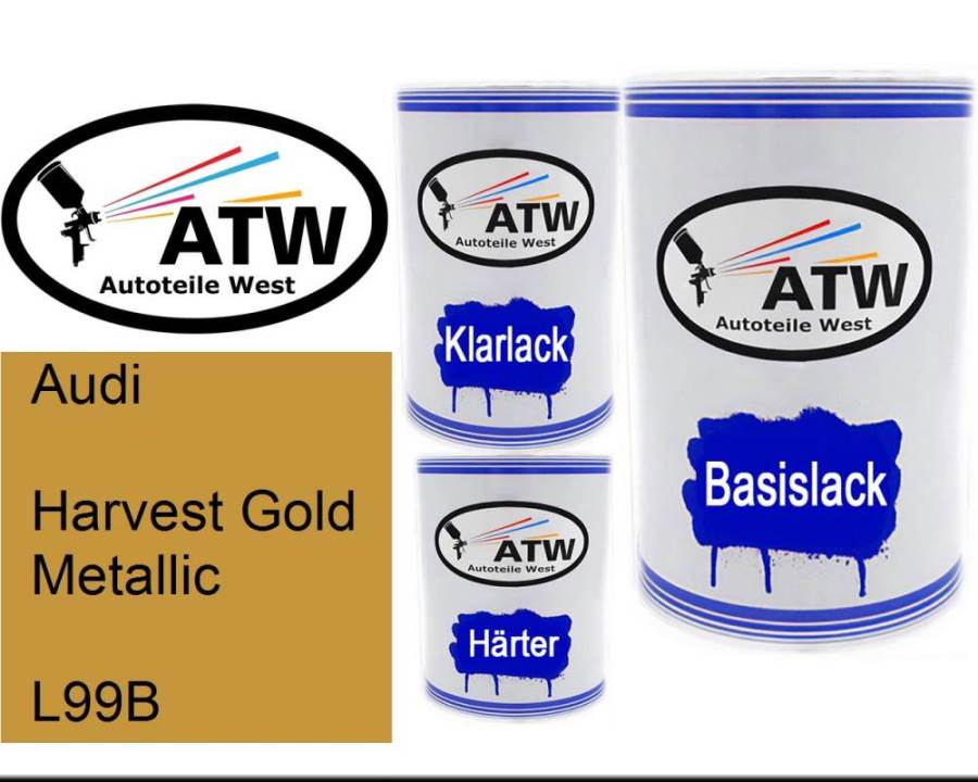 Audi, Harvest Gold Metallic, L99B: 500ml Lackdose + 500ml Klarlack + 250ml Härter - Set, von ATW Autoteile West.